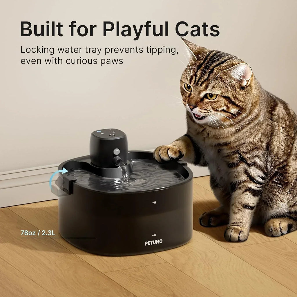 Black cat water fountain with locking tray, 78oz capacity, for playful cats to drink safely