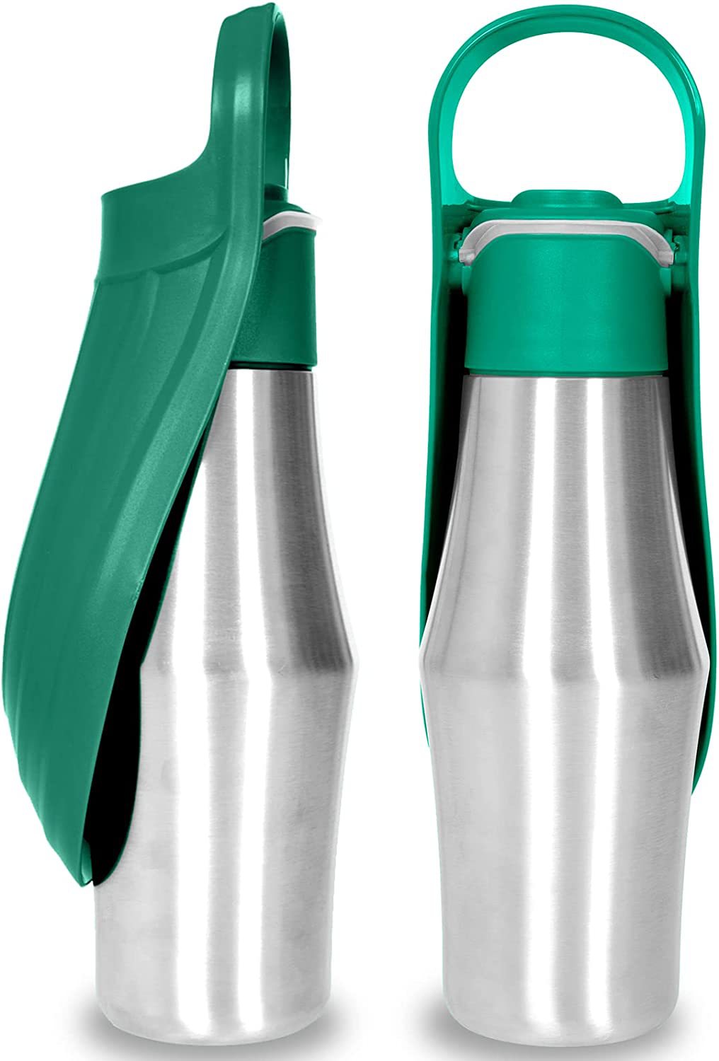 Stainless steel pet water bottle with green flip cap, two-pack view
