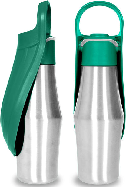 Stainless steel pet water bottle with green flip cap, two-pack view