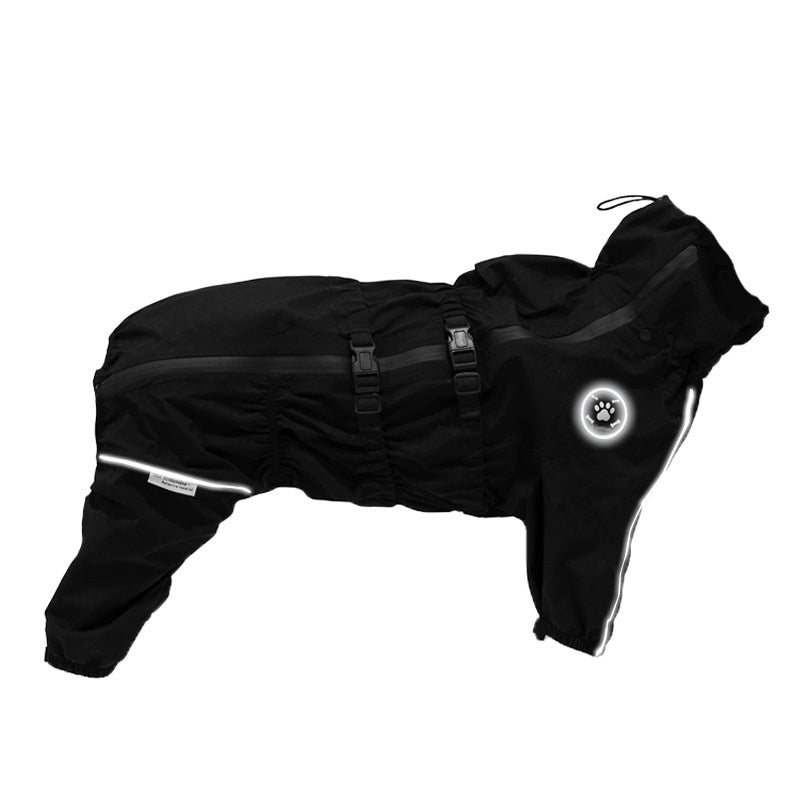 Waterproof black four-legged dog raincoat with front buckles and reflective paw logo