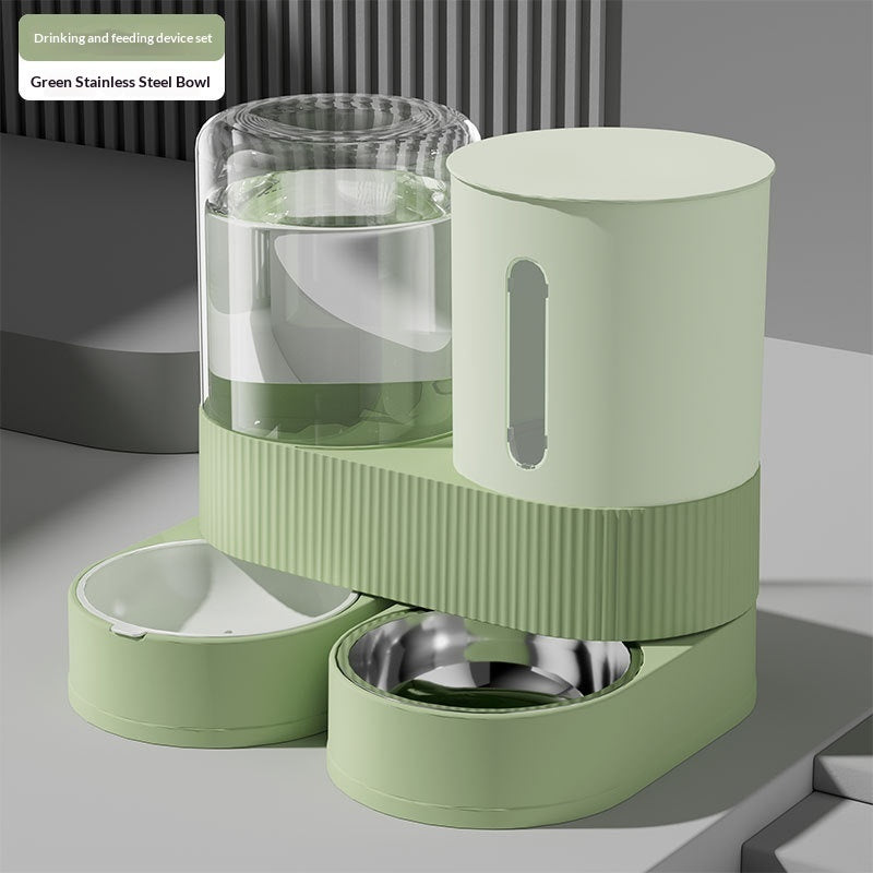 Automatic pet water and food dispenser with stainless steel bowl, green base and clear water tank