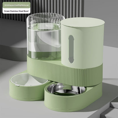 Automatic pet water and food dispenser with stainless steel bowl, green base and clear water tank