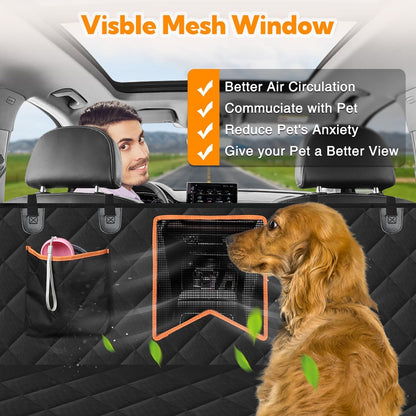 Black dog car seat cover with visible mesh window panel and side flaps