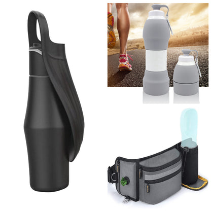 Black pet water bottle with travel strap pouch