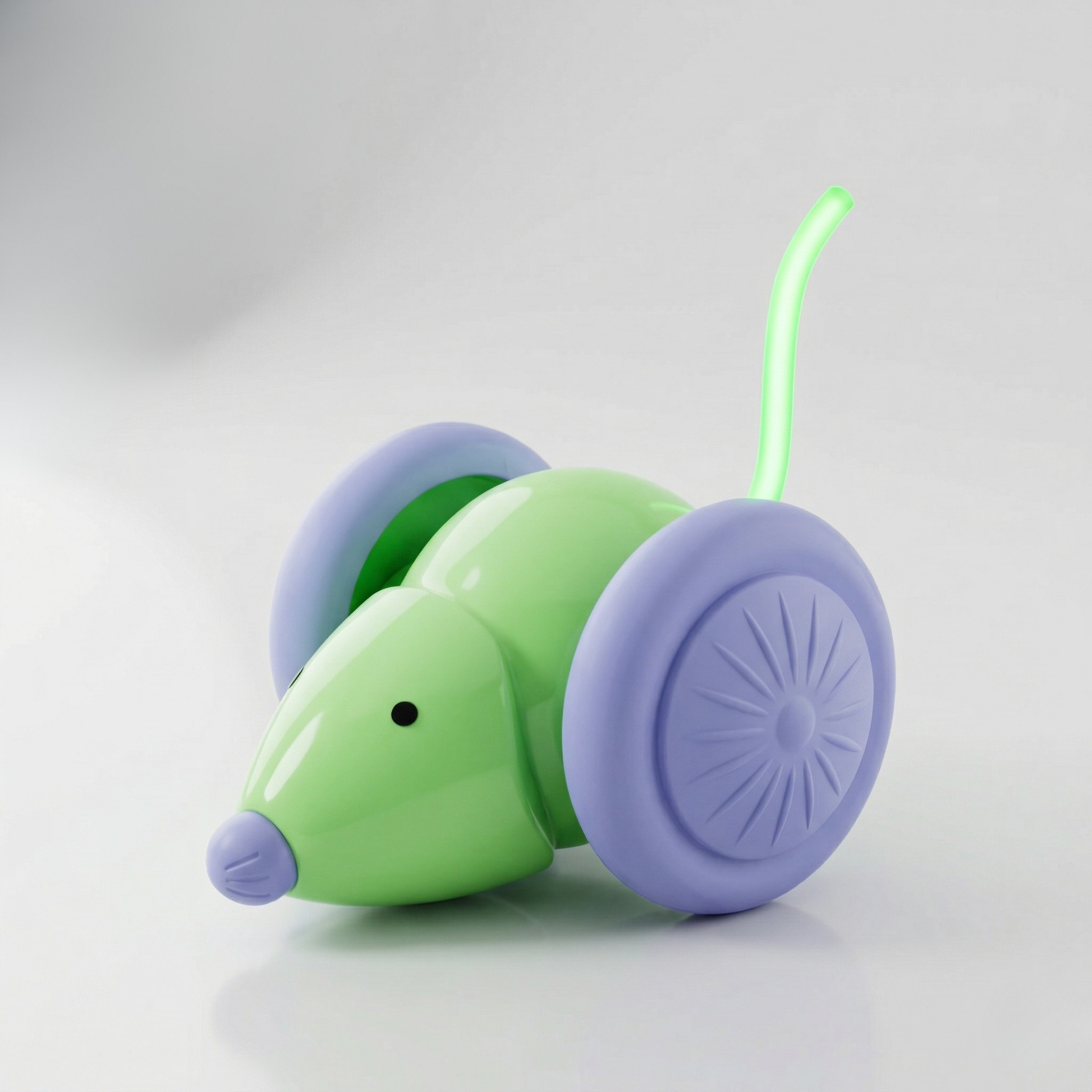 Green cat LED mouse toy with purple wheels and arched glowing light wand