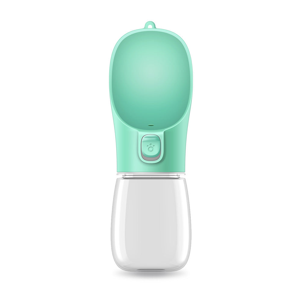 Portable dog water bottle with built-in drinking bowl, mint green and white