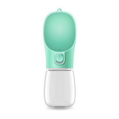 Portable dog water bottle with built-in drinking bowl, mint green and white