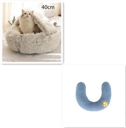 Plush pet bed for cats and dogs, 40cm, light gray round cave; blue U-shaped plush