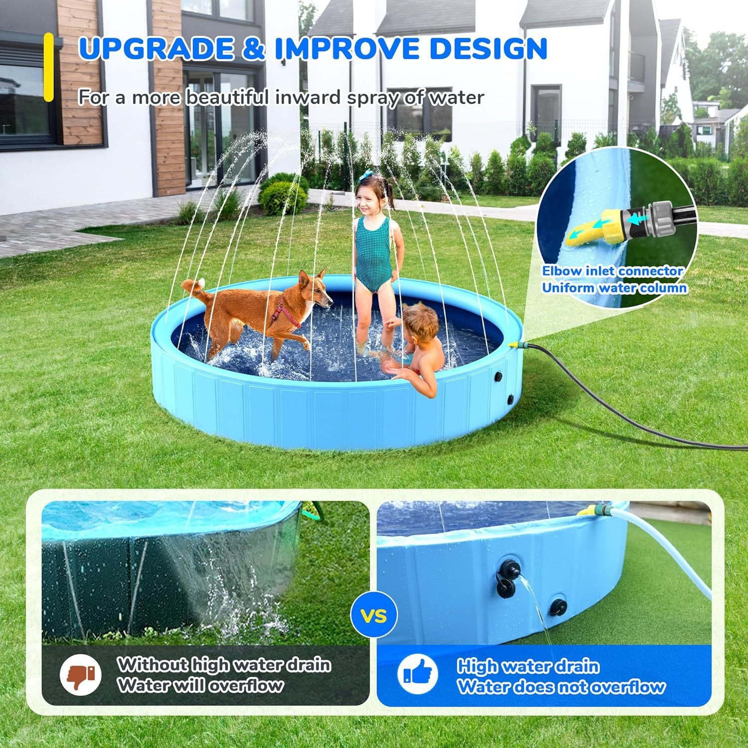 Lake Blue splash pool with inward water spray and inlet connector