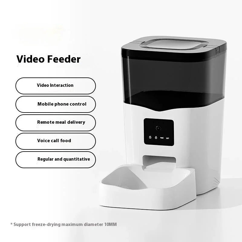 White automatic video feeder with black top lid and front control window