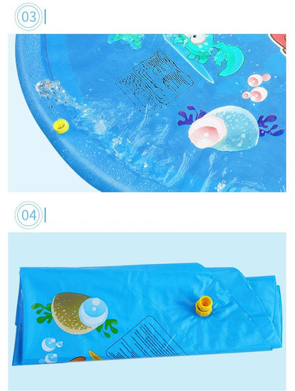 Blue inflatable dog sprinkler cooling mat with cartoon sea animals and water spray droplets