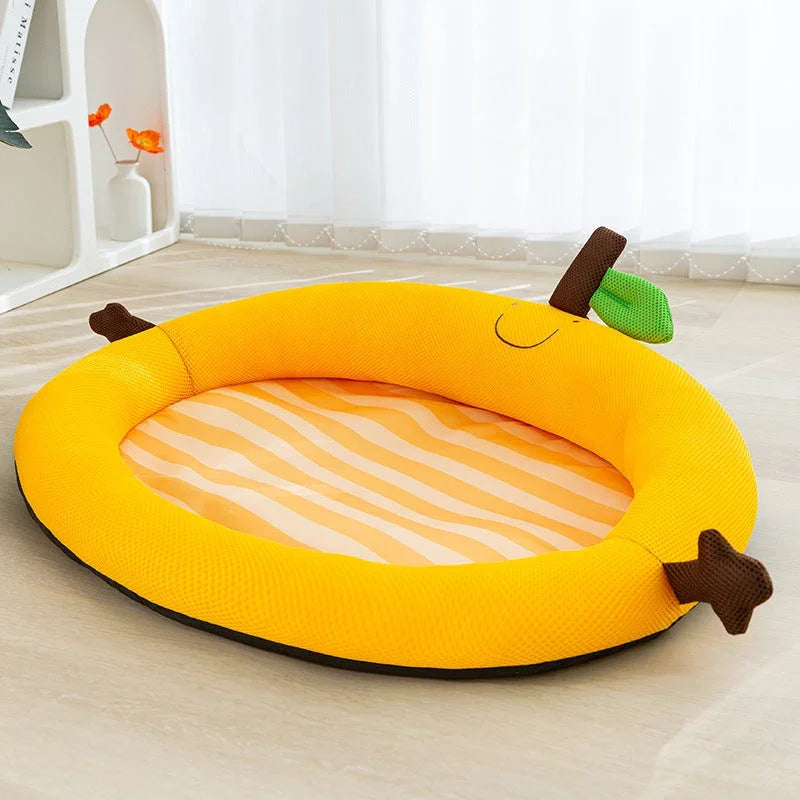 Banana-shaped pet bed with striped interior, perfect for cats and dogs