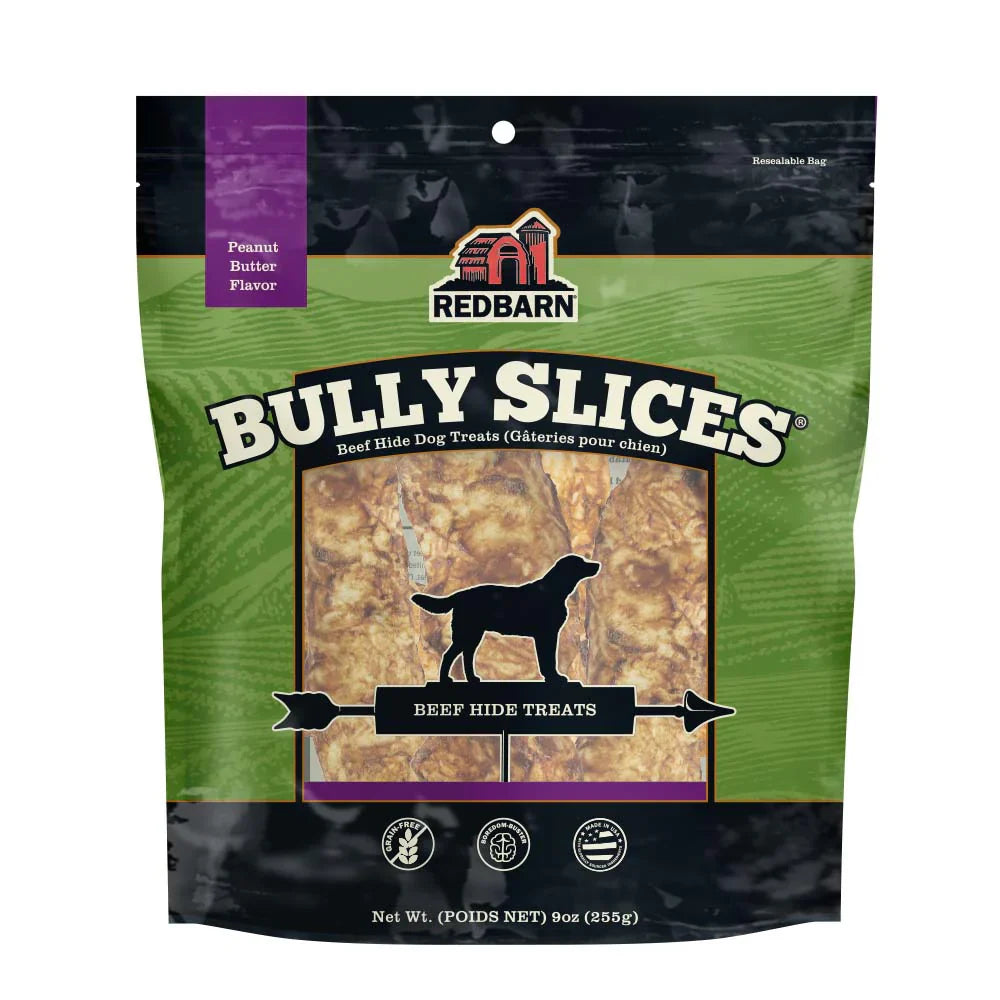 Redbarn Bully Slices peanut butter flavor beef hide dog treats in resealable bag