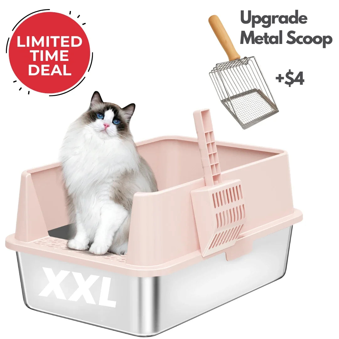 Pink plastic XXL cat litter box with steel base and removable side ramp