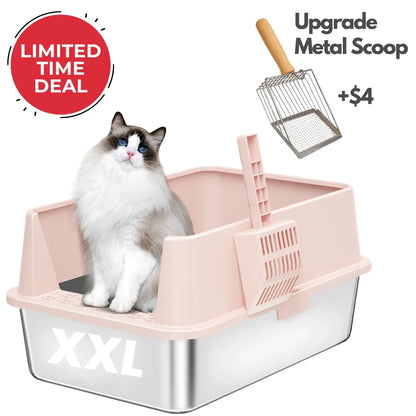 Pink plastic XXL cat litter box with steel base and removable side ramp