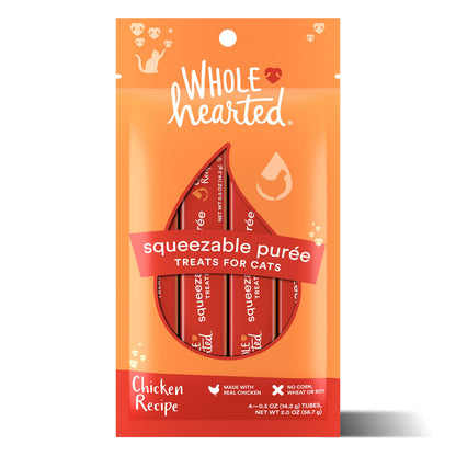 WholeHearted squeezeable puree chicken recipe cat treats pouch, 4 count