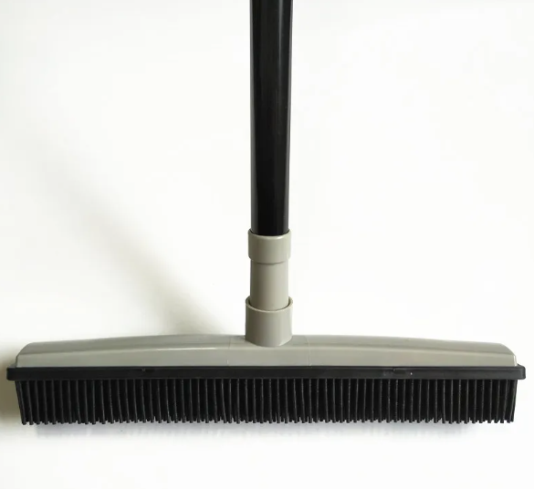 Pet hair removal broom mop with black handle and gray base, black bristle cleaning head