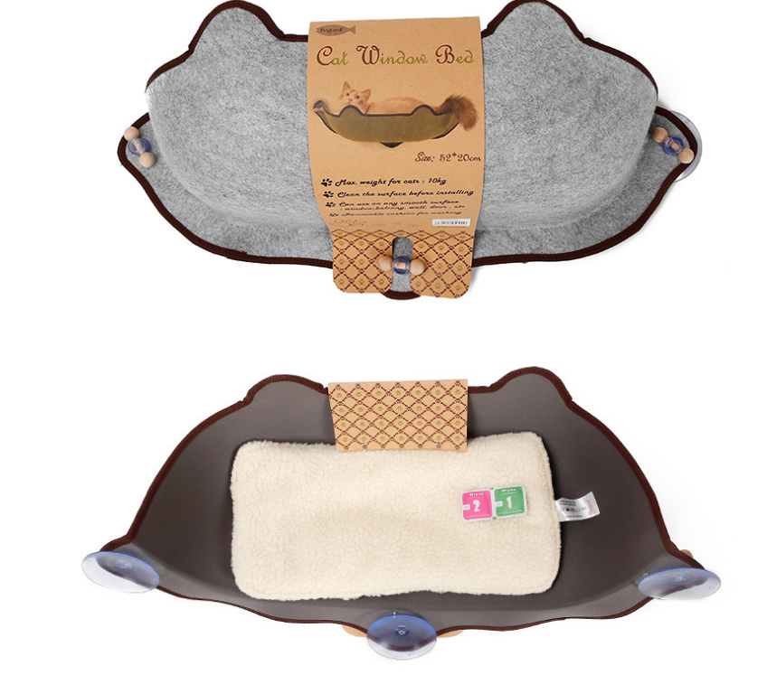 Grey window cat hammock with dark trim, included cream pad and suction cups