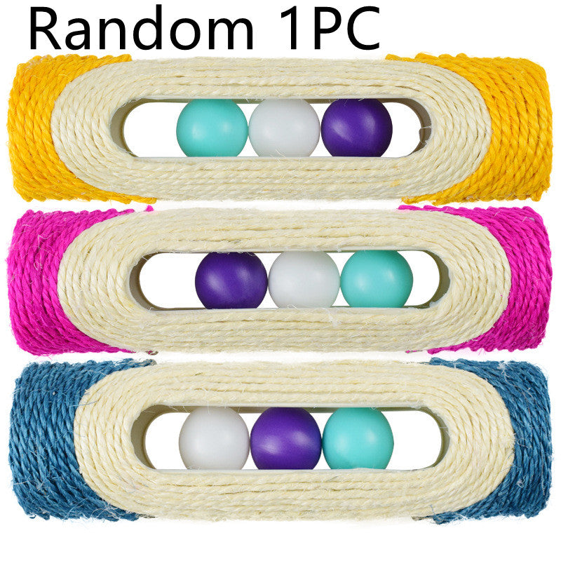 Set of three sisal drum cat toys: yellow, pink, and blue with multicolor ball lanes