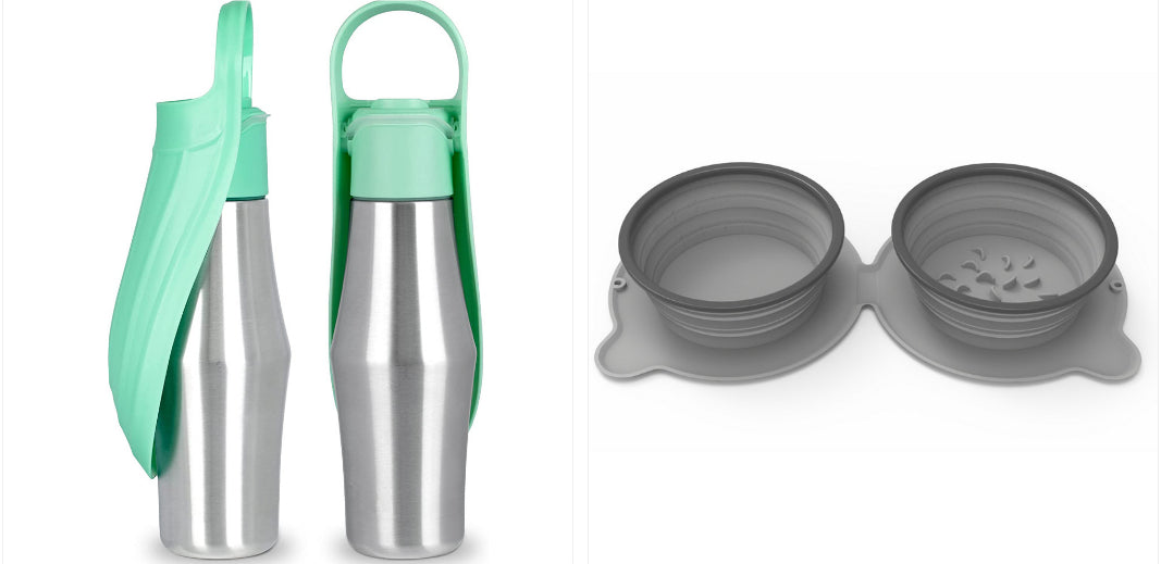 Portable pet dog water bottle set with soft silicone leaf bowls, mint and gray