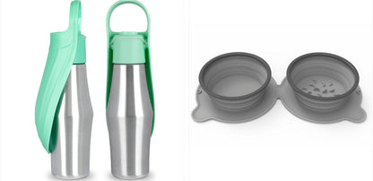 Portable pet dog water bottle set with soft silicone leaf bowls, mint and gray