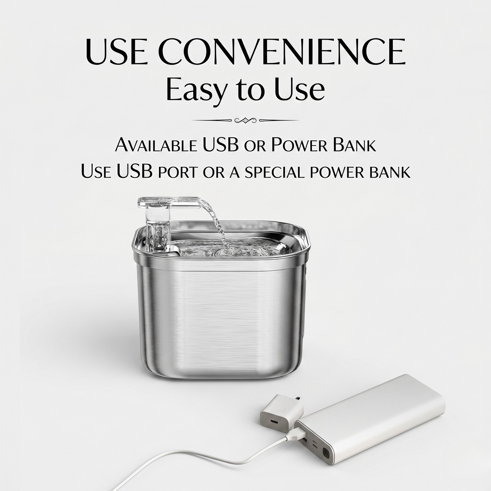 Stainless steel pet water fountain with USB power connection and compact power adapter