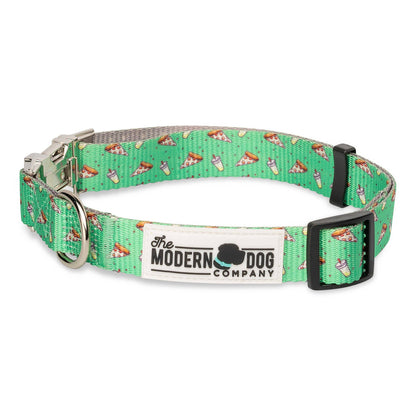 Green pizza-themed dog collar with metal buckle, D-ring, and Modern Dog Company tag