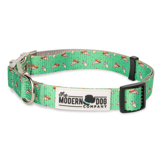 Green pizza-themed dog collar with metal buckle, D-ring, and Modern Dog Company tag