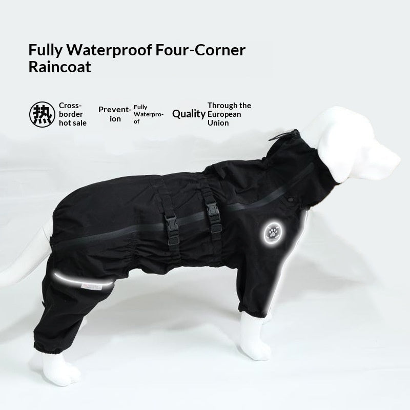 Waterproof black four-legged dog raincoat with front buckles and hooded neck