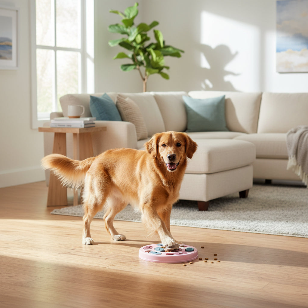 Pink circular dog treat puzzle feeder with paw and bone shaped compartments.