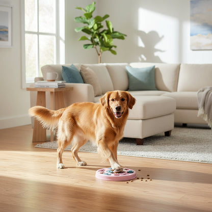Pink circular dog treat puzzle feeder with paw and bone shaped compartments.