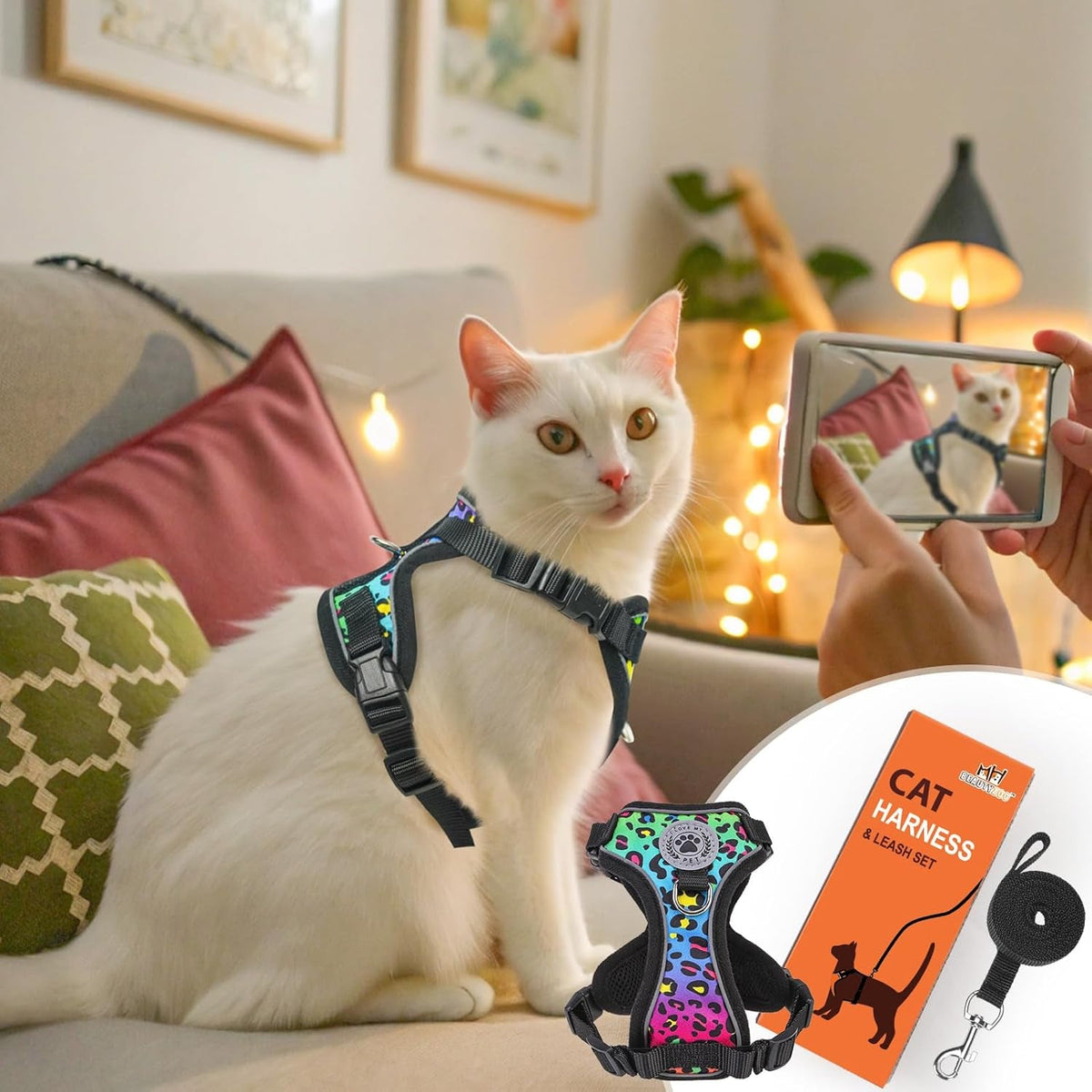 Adjustable cat harness and leash on white cat, colorful paw print vest