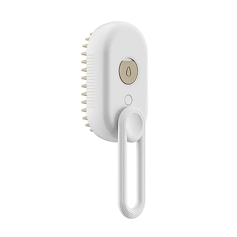 Cat steam brush, white handle with oval brush head and two control buttons
