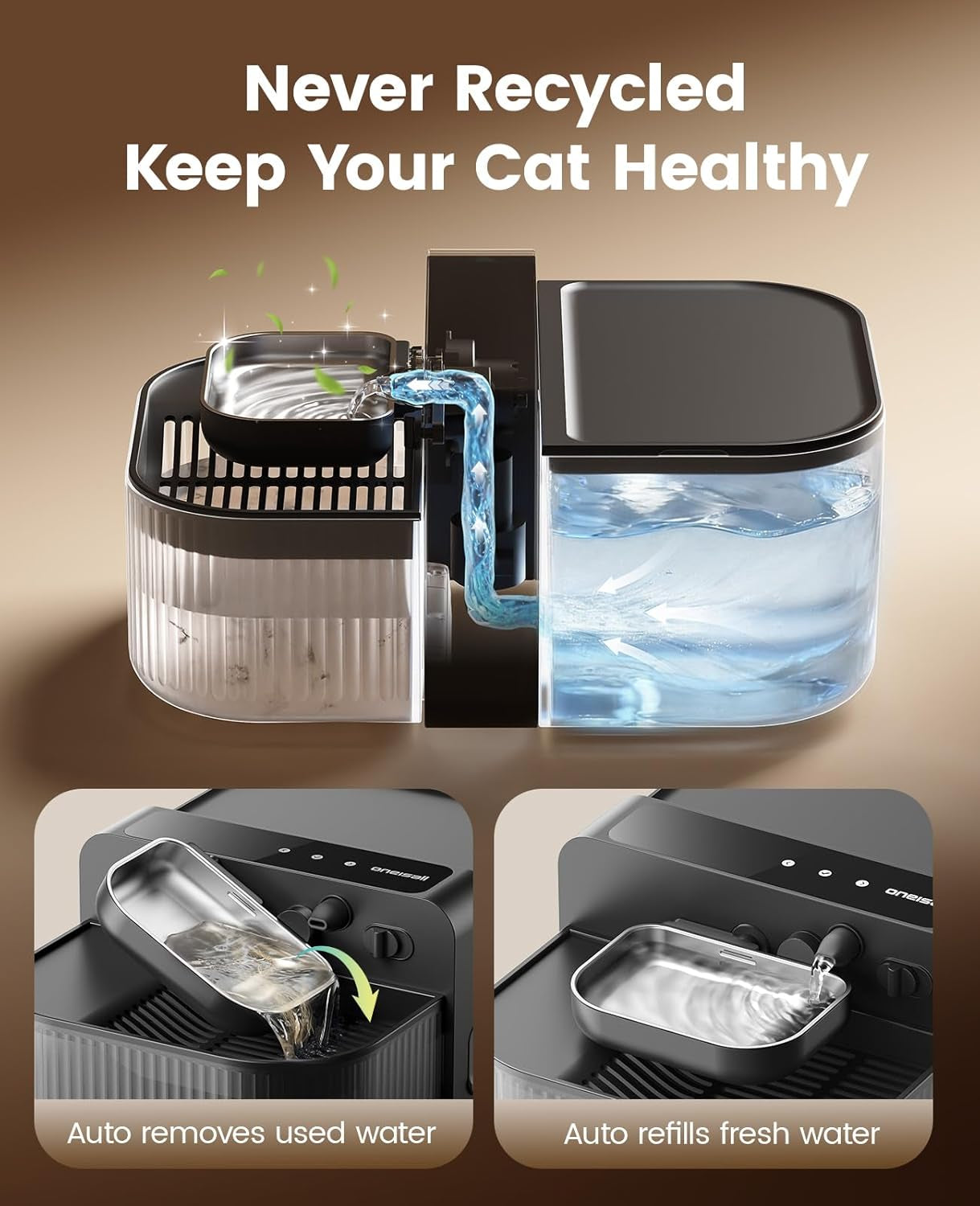 Black cat water fountain with removable stainless tray and open water container