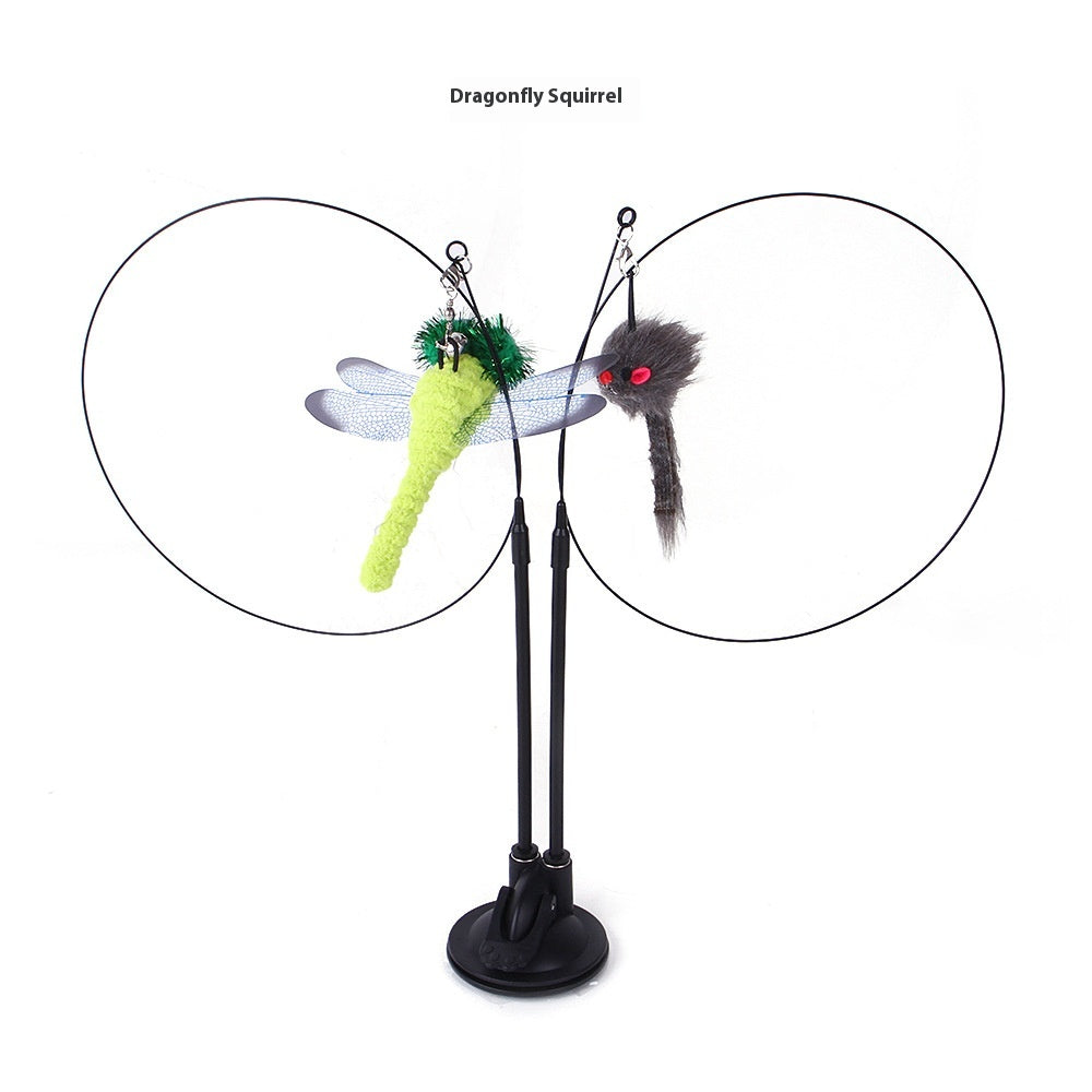 Cat teaser toy double rod with dragonfly plush, gray squirrel tail, and feather wand