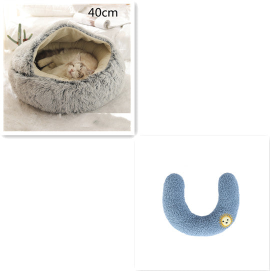 Grey plush pet bed for cats and dogs, 40cm round donut bed with padded inner cushion