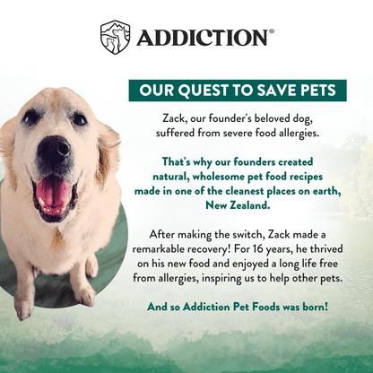 Dry dog food brand story graphic with rescue dog and pet-saving message
