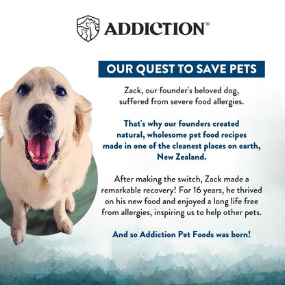 Brand story panel with dog photo and message about saving pets in New Zealand