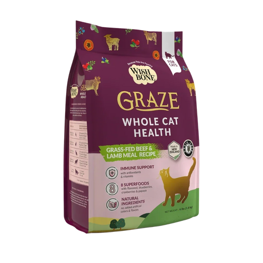 Wishbone cat dry food bag, purple Graze Whole Cat Health design