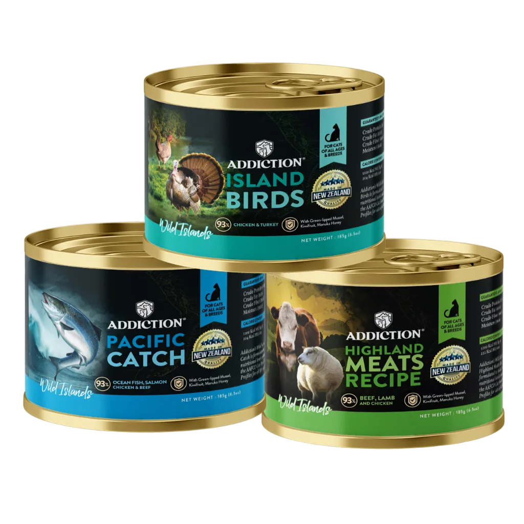 Three ADDlCTION canned cat food varieties bundle, gold-lidded cans on white background
