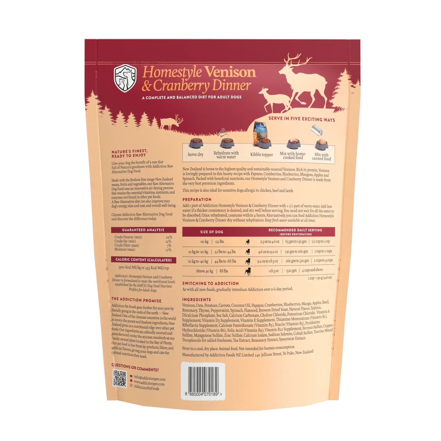 Homestyle Venison & Cranberry Dog Food bag with feeding guide, ingredients, and nutrition info for adult dogs
