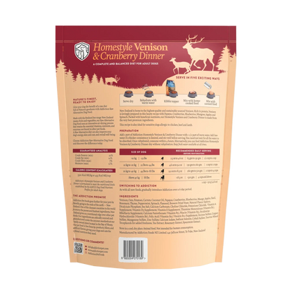 Homestyle Venison & Cranberry Dog Food bag with feeding guide, ingredients, and nutrition info for adult dogs