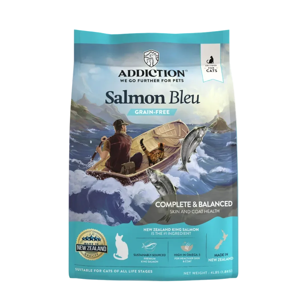 Dry cat food bag, Salmon Bleu grain-free, complete & balanced for skin and coat