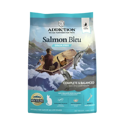 Dry cat food bag, Salmon Bleu grain-free, complete & balanced for skin and coat