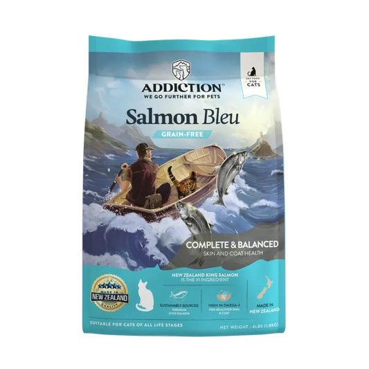 Dry cat food bag, Salmon Bleu grain-free, complete & balanced for skin and coat