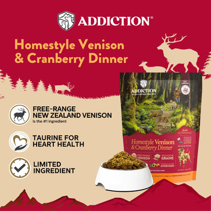 Addiction Homestyle Venison & Cranberry Dog Food with free-range New Zealand venison, taurine, and limited ingredients for adult dogs