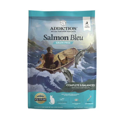 Salmon Bleu grain-free dry cat food bag, complete and balanced