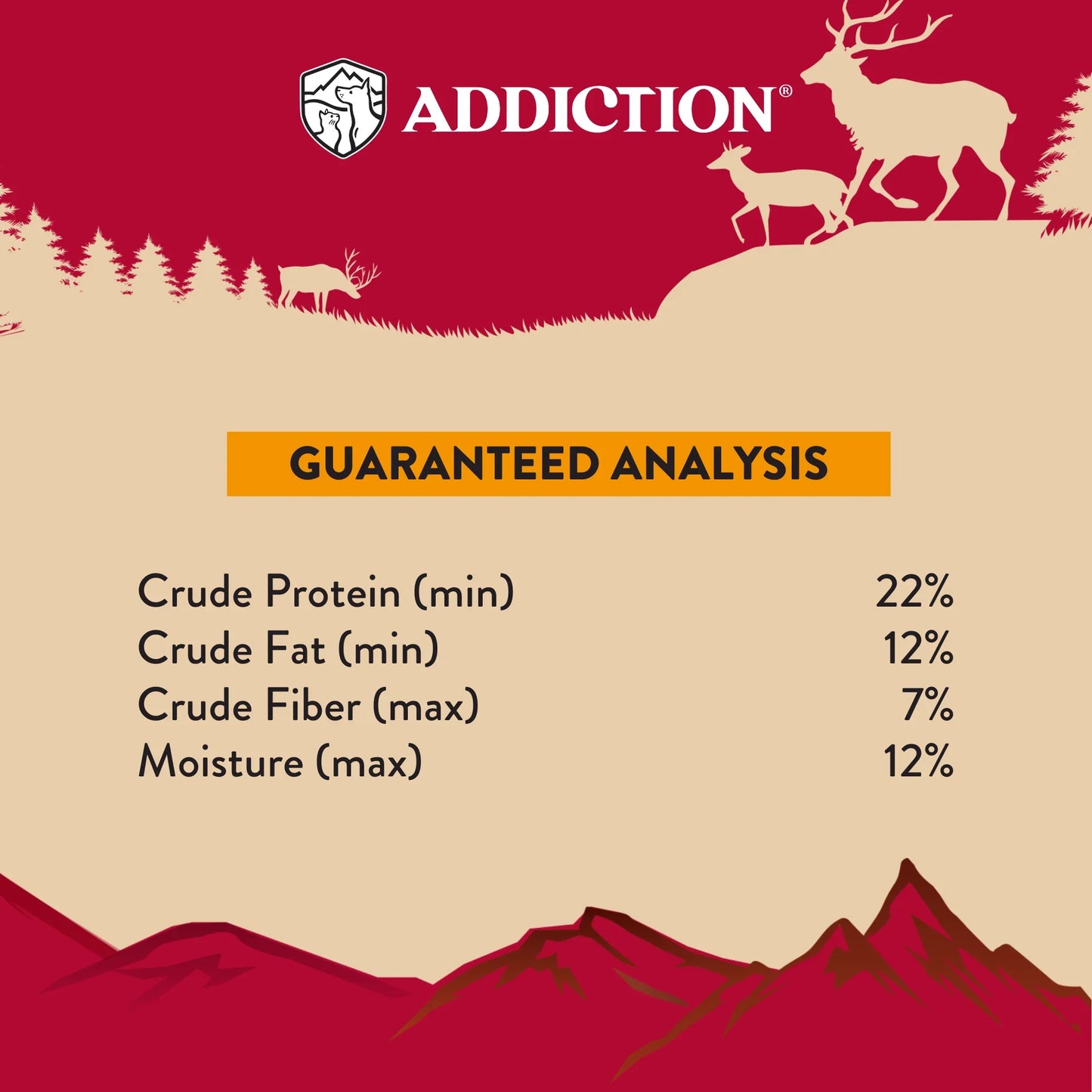 Addiction pet food guaranteed analysis: 22% protein, 12% fat, 7% fiber, 12% moisture. Mountain deer design.