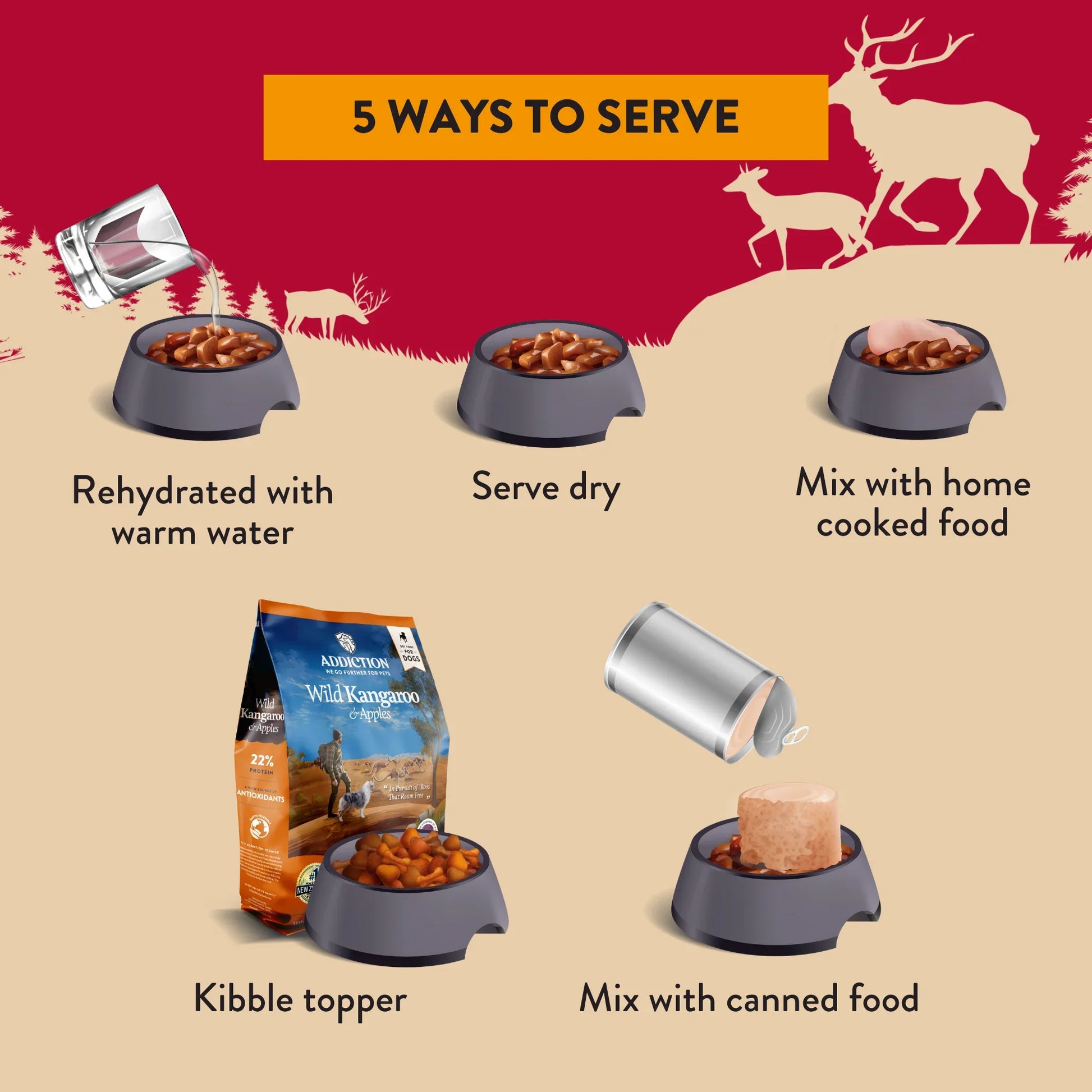 5 ways to serve dog kibble: rehydrate, serve dry, mix with home cooked or canned food, or use as topper