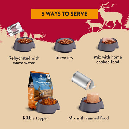 5 ways to serve dog kibble: rehydrate, serve dry, mix with home cooked or canned food, or use as topper